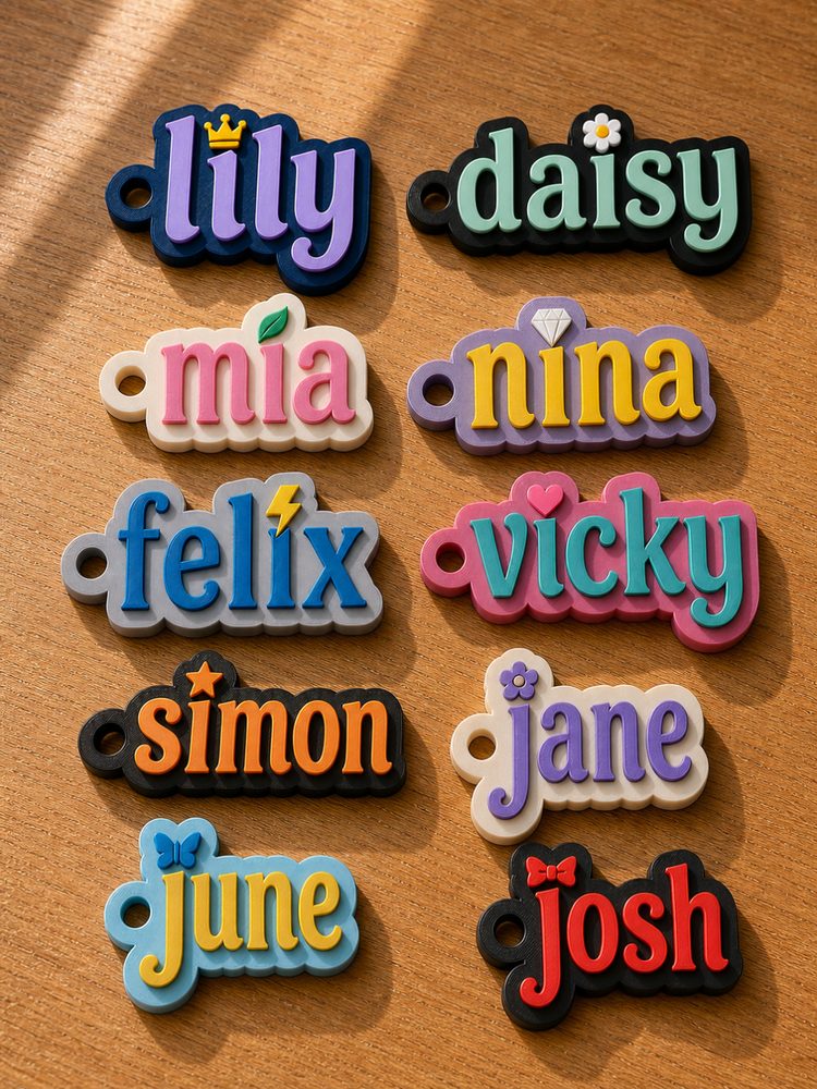 Custom name keychains in different colors with small icons